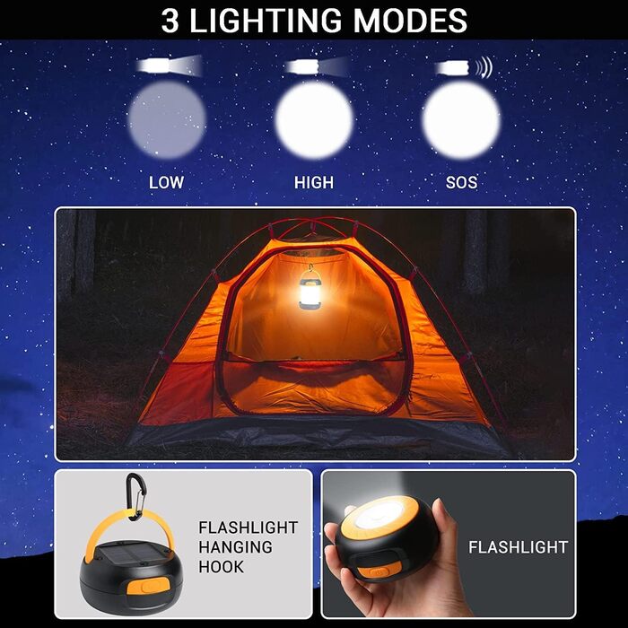 Сонячна кемпінгова лампа LED з акумулятором, 2 способи заряджання (Сонячна/USB), 3 режими світла, включає браслет для виживання з свистком (Жовтий)