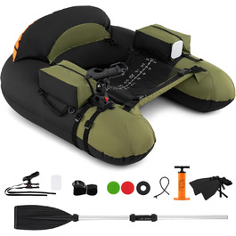 Надувне рибальське човен GYMAX з насосом, веслами, ластами та тримачами для вудок, belly boat з сіткою для риби та столиком для приманок, вантажопідйомність до 150 кг (зелений)