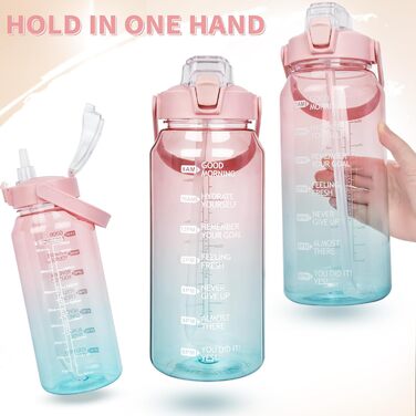 DEARRAY 2л пляшка для води Tritan з соломинкою та тайм-маркерами, BPA-free, мотиваційна, спортивна, для фітнесу, тренажерного залу, походів, прозора, рожево-бірюзова
