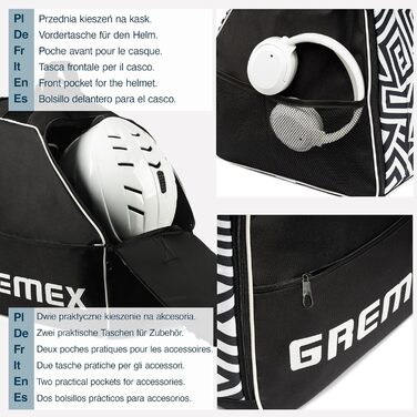 Чохол для лижних черевиків з відділенням для шолома - Водонепроникний рюкзак для лижних черевиків та шолома. Міцний завдяки титановим швам. Зручний для транспортування, подорожей та захисту спорядження. Чорний + Білий