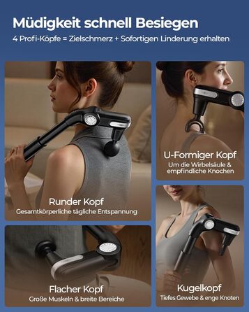 Масажер для тіла KingPavonini з висувним руків'ям та складним голівкою, масажна пістолета для спини з 3 регульованими кутами та 4 насадками, масажер - подарунок для чоловіків та жінок, чорний