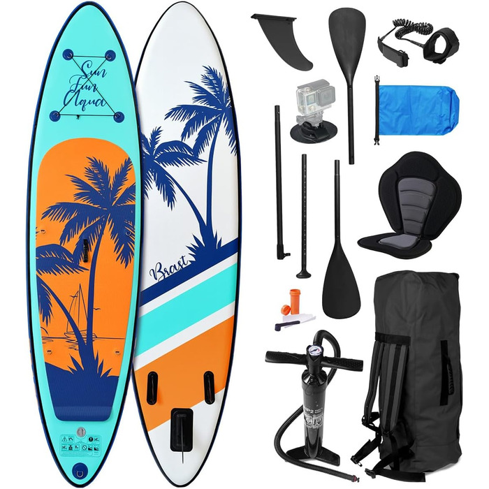 Надувний SUP Борд BRAST Tropic | Комплект для станд ап паддлбордингу | 320x81x15 см | 6 дизайнів | 5 років гарантії | з аксесуарами | 2в1: SUP та каяк | тримач для Action-Cam, лапка, насос, рюкзак | Гаваї