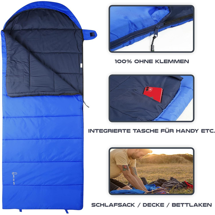 Спальний мішок MOUNTREX -5°C / 10°C для кемпінгу та відпочинку на природі. Дека-спальник 205 x 75 см, 3 сезони, легкий та теплий (1.6 кг). Підходить для чоловіків, жінок та дорослих. Можливість з'єднання блискавками (RV) - колір: блакитний.