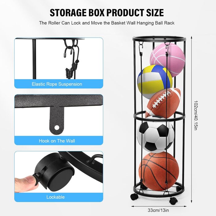 Стійка для м'ячів на колесах, органайзер для спортивного інвентарю, стійка для зберігання футболу та баскетболу, настінний тримач, знімна конструкція