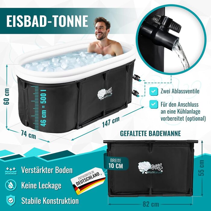 Зручна складана ванна для дорослих 147x74x60 см – комплект з аксесуарами для теплої та холодної ванни, портативна, для дому та відпочинку на природі, чорно-біла, MelodieGesund