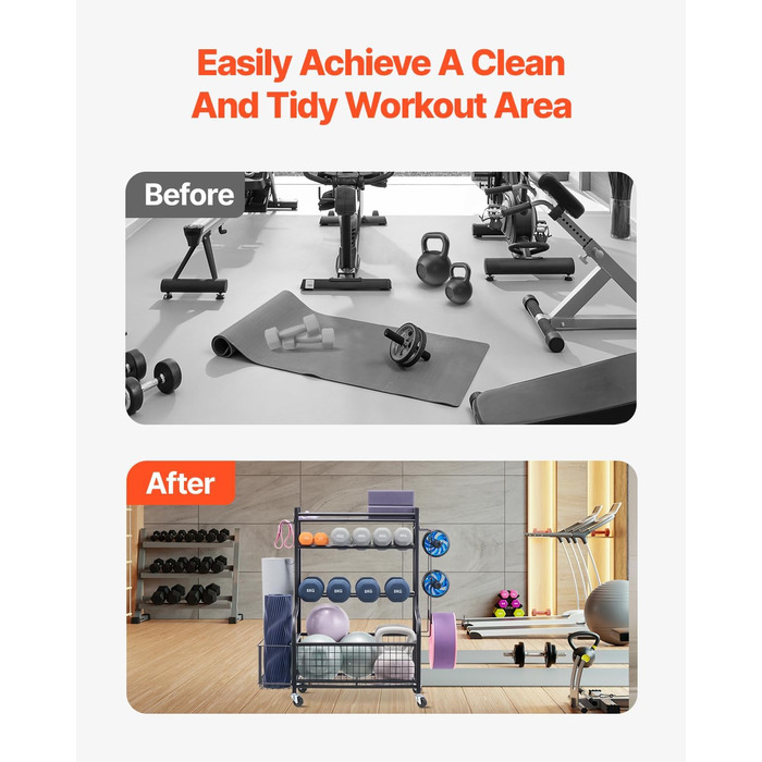 Стенд для зберігання та підтримки йогаматів та гантелей VEVOR - мобільний, з колесами та гачками, для домашніх тренувань