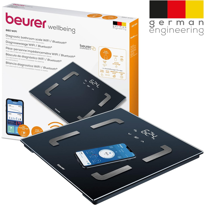 Beurer BF 880 діагностичні ваги з Wi-Fi та Bluetooth, цифрові ваги для аналізу складу тіла, додаток, вимірювання жиру, м'язів, до 180 кг
