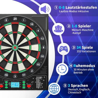 Електронний дартс Dartscheibe Profi з LCD-дисплеєм, 34 гри, 355 варіацій, 12 дротиків, для 1-8 гравців