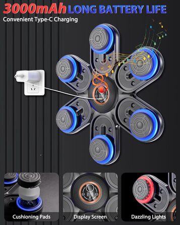 Музична боксерська машина з LED-підсвіткою та Bluetooth, 3 рівня регулювання розміру, 9 режимів швидкості та тренувань, лічильник ударів, для дорослих та дітей