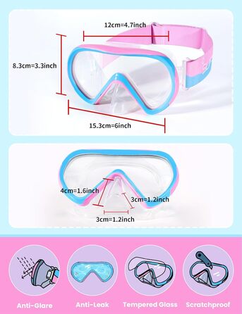 Дитяча маска для плавання та снорклінгу Supertrip, 6-14 років, скло, рожево-блакитна