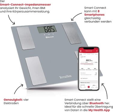 Розумні ваги TERRAILLON SMART CONNECT з Bluetooth, аналіз маси тіла, жиру, ІМТ, до 8 користувачів, сірі