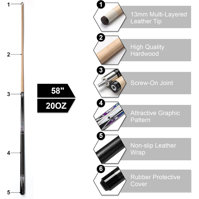 Більярдний кий Pool Queue 58 дюймів, тверде дерево, наконечники 13 мм, для професійних гравців, 1/2 кий, чорний