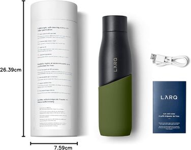 Пляшка LARQ Bottle Movement PureVis 710 мл – легка багаторазова нержавіюча пляшка для води з UV-очищенням, самостійним очищенням, для подорожей, чорна/зелена, гарантія 2 роки