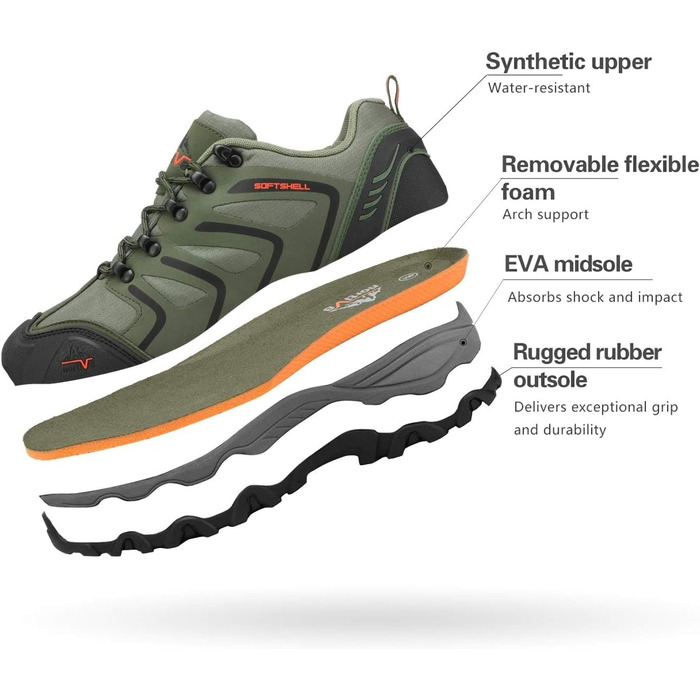 Чоловічі водонепроникні трекінгові черевики NORTIV - низькі, легкі, для хайкінгу, кемпінгу, туризму (44 EU, широка колодка, армійний зелений, чорний, помаранчевий)