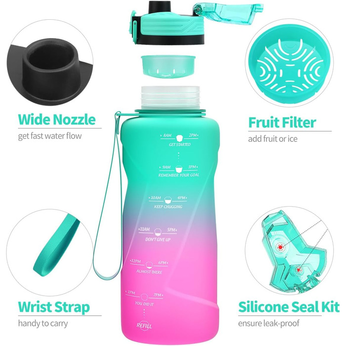 Дитяча спортивна пляшка для води 2л, 1.5л, 1л, 700мл, 500мл. Без витоку, з маркуванням часу. BPA Free Tritan для дівчаток та хлопчиків, школи, спортзалу. Смарагдово-фіолетовий колір.