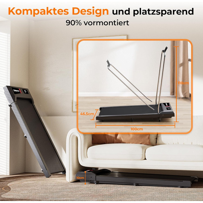 Біговий доріжка для дому з нахилом та страхувальним тросом, 2.5 PS Walking Pad, 8 км/год, 2 в 1 біговий доріжка під стіл для дому та офісу, пульт дистанційного керування, LED дисплей, додаток, голосове керування, чорний з підлокітниками