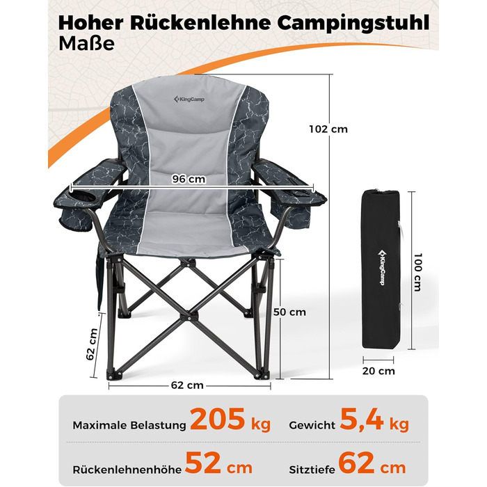 Крісло для кемпінгу KingCamp XXL, 205 кг, чорне, з регульованою спинкою, високе, з кишенею для напоїв та сумкою-холодильником