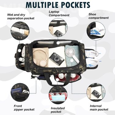 Спортивна сумка 50L для чоловіків 3-в-1 з відділенням для мокрого одягу та взуття, рюкзак, дорожня сумка, валіза ручної поклажі, для тренувань, залу, плавання, подорожей (Чорний CM)