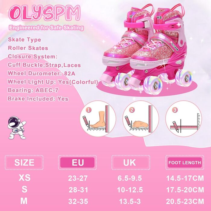 Ролики для дівчаток, 4 розміри, світловідбиваючі, ролики з підсвічуванням, для початківців, подарунок на Новий рік та день народження, S (EU28-31), рожеві