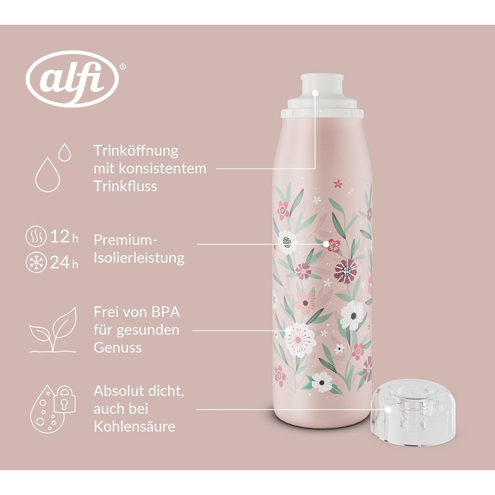 Термос-пляшка alfi KIDS ISO 500 мл рожевий для дітей, нержавіюча сталь, герметична, з кришкою, тримає 12 годин тепло, 24 години холод, для газованої води, BPA-free