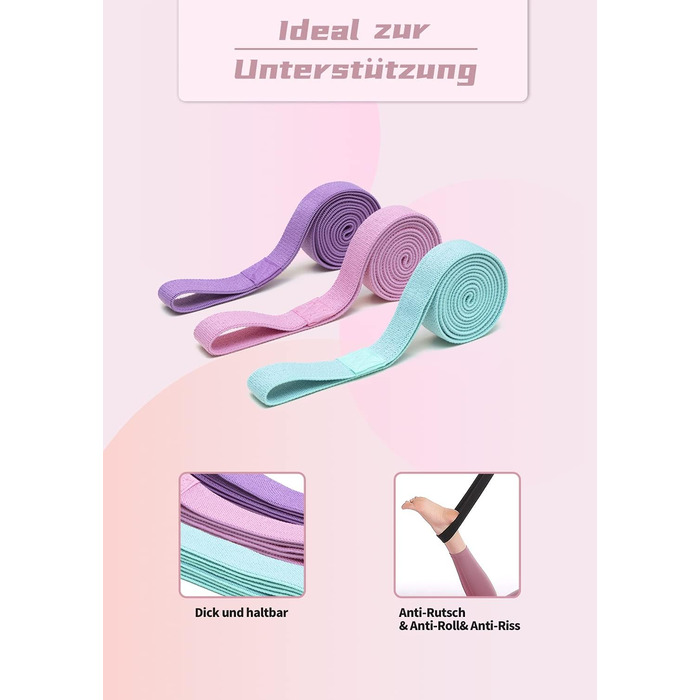 Фітнес-гумки для фітнесу, пілатесу та йоги, набір 3 шт. з різним опором, антиковзні, для силових тренувань, фітнес, зелений, рожевий, фіолетовий