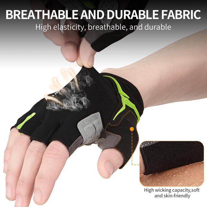 Велосипедні рукавички OuKe для чоловіків та жінок з гелевою підкладкою, дихаючі літні рукавички напівпальці для гірського велосипеда, шосе, фітнесу та активного відпочинку (зелені, S)