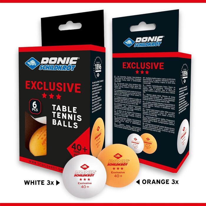 М'яч для настільного тенісу Donic-Schildkröt Exclusive 3 зірки, полімерний, 40+ якість, для інтенсивного тренування та розваг, білий, помаранчевий або кольоровий мікс, 6/3 шт.