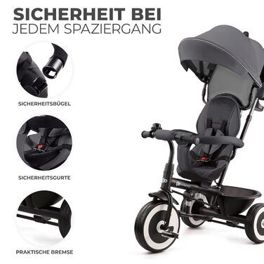 Дитячий триколісний велосипед Kinderkraft ASTON з ручкою для батьків, поворотним сидінням, сонцезахисним козирком, підсклянником і кошиком, для дітей від 9 місяців до 25 кг, сірий