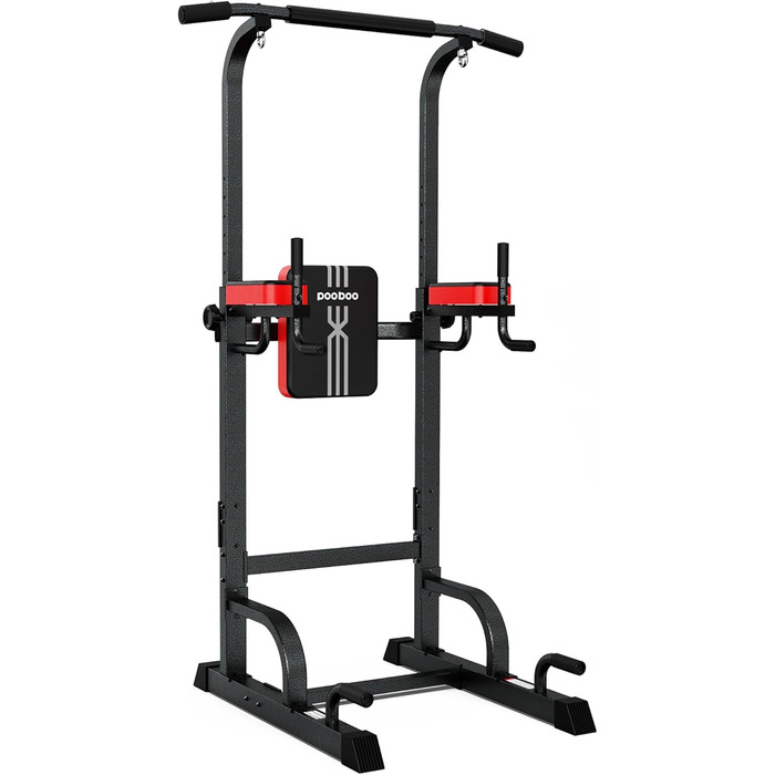 Силовий комплекс Pooboo Power Tower: багатофункціональний турнік з брусами для дому, 11 рівнів регулювання висоти, еластичні стрічки, чорний