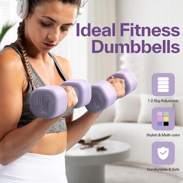 Набір гантелей Sportneer регульовані жіночі – 2 шт. (1–2,5 кг) з неслизьким TPU-покриттям, 4-в-1 для дому, фітнесу та силових тренувань Aura-Lavendel