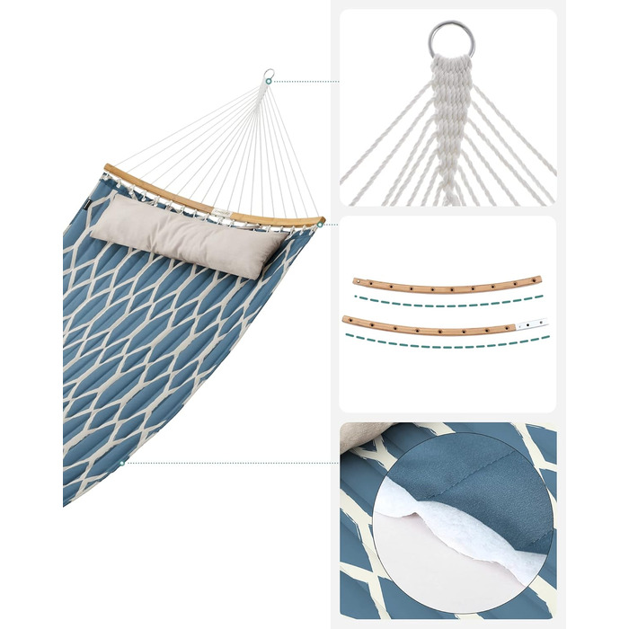 Крісло-гамак SONGMICS з подушкою, стегане, з роздільними бамбуковими дугами, з підголівником, 200 x 140 см, до 225 кг, сірий та бежевий ромбік GDC034G02