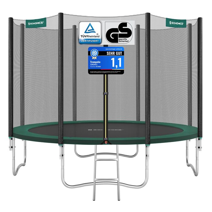 Трамплін SONGMICS Outdoor Ø 183/244/305/366/427 см, круглий, для саду, з захисним покриттям, сіткою, сходами та м'якими стійками (366 см, Зелений)
