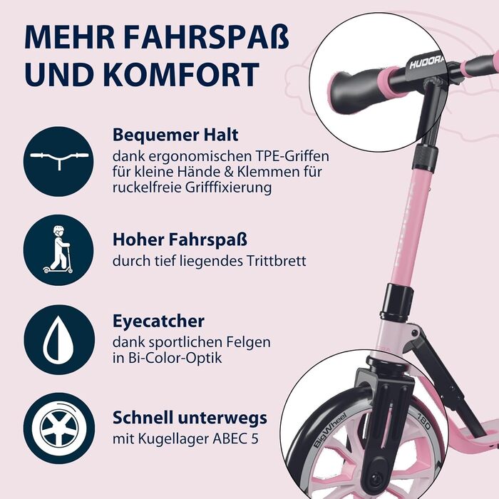 Дитячий самокат HUDORA BigWheel 180 Advanced Junior, складаний, регульована висота, з відбивачами, для хлопчиків і дівчаток від 3 років, до 60 кг