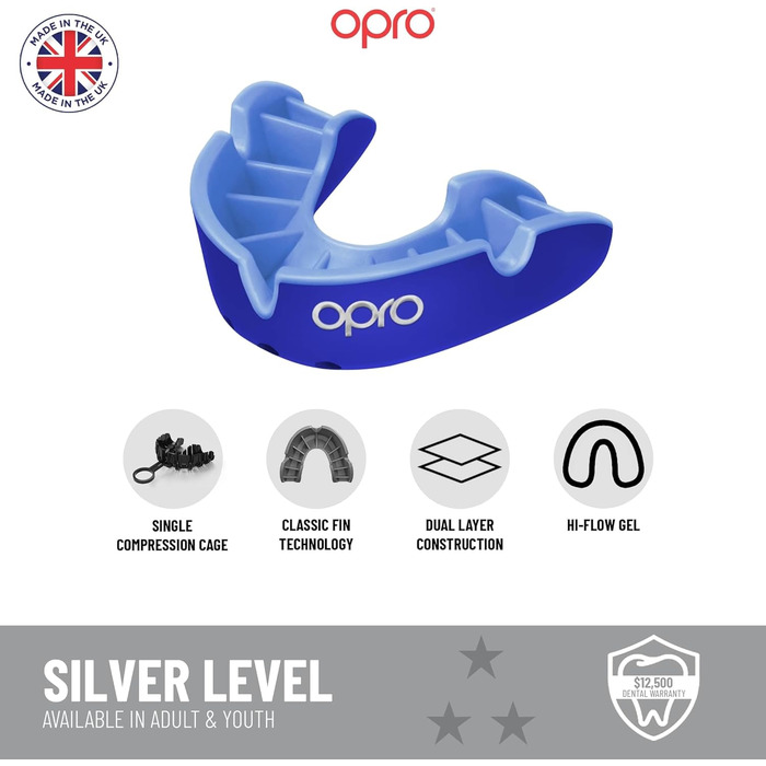 Захисна капа OPRO Silver Level для дорослих та дітей, біло-срібляста, з футляром, для хокею, лакросу, регбі, ММА, боксу, BJJ, з технологією індивідуальної підгонки, юніор (до 10 років)