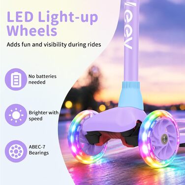 Дитячий самокат BELEEV з LED-підсвіткою коліс для дітей від 2 до 6 років, 3-колісний, регульована висота, Lean-to-Steer, до 50 кг, синьо-фіолетовий