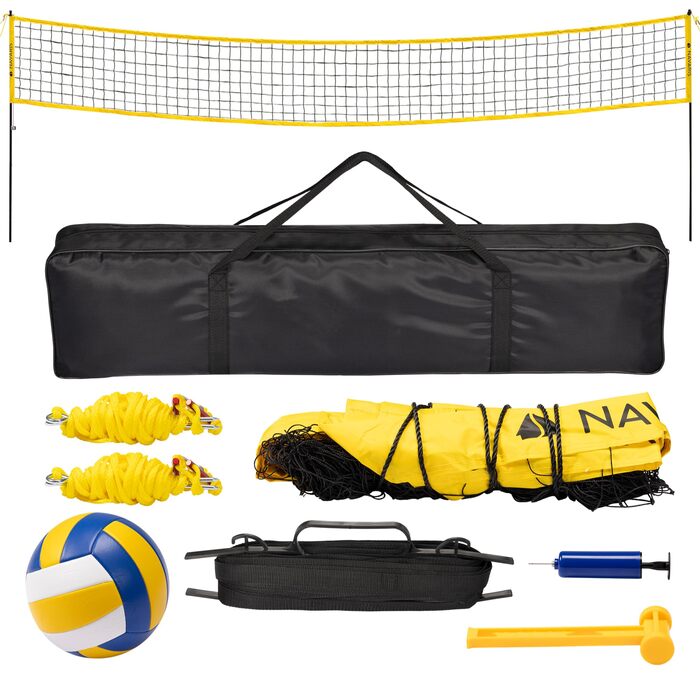 Набір для волейболу Navaris - мережа, м'яч, насос, сумка. Ідеально для пляжного волейболу, саду та тренувань на відкритому повітрі. Легкий монтаж.