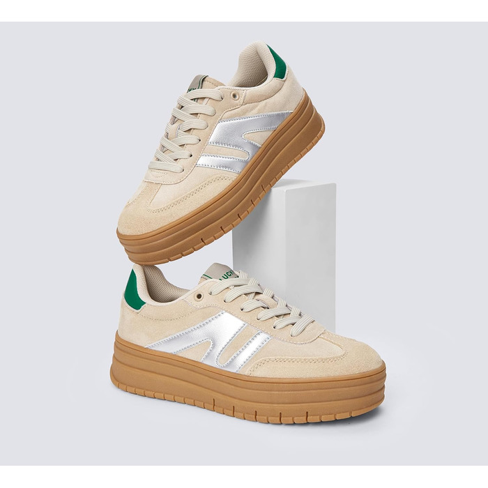Кросівки LUCKY STEP Plateau Sneaker для жінок - платформа, канвас, ретро стиль, низький профіль, комфортні для повсякденного носіння, 42 EU, бежево-зелені