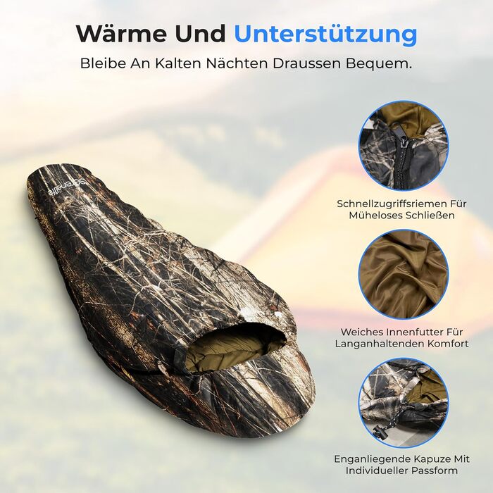 Спальний мішок SereneLife Mumienschlaф – легкий, теплий та водонепроникний для зими та холодних умов, ізоляція від -15 до 12 °C, гладкий блискавчик, компактний компресійний мішок, подушка для подорожей, для кемпінгу та відпочинку на природі (Real Tree)