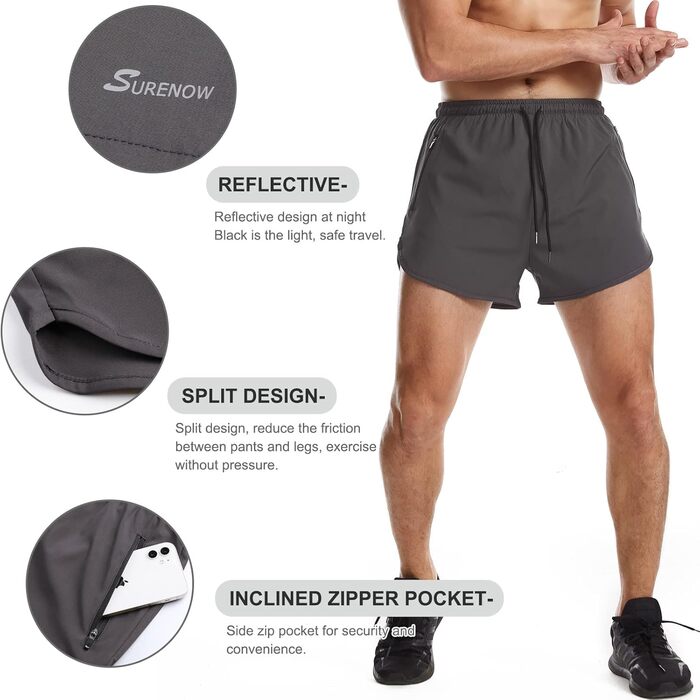 Шорти спортивні чоловічі Suwangi, короткі, швидковисихаючі, з внутрішньою сіткою, спортивні штани з кишенею (XL, сірий)