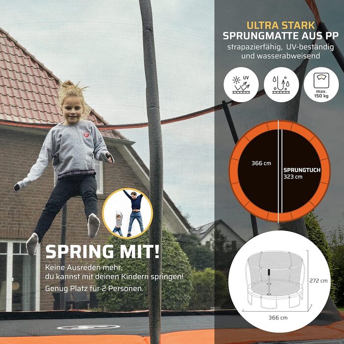 Трамплін SportPlus Outdoor 305/366 см: дитячий та дорослий, з захисним бортиком, сіткою, XL, сертифікат GS