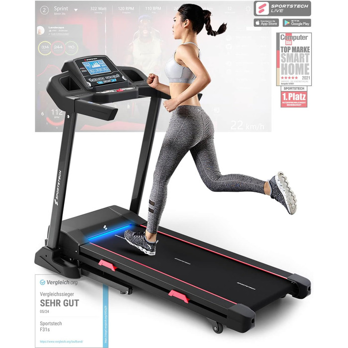 Бігова доріжка Sportstech F31s для дому, 4.5 к.с., 16 км/год, Bluetooth, LED, тримач для планшета, складана, до 120 кг