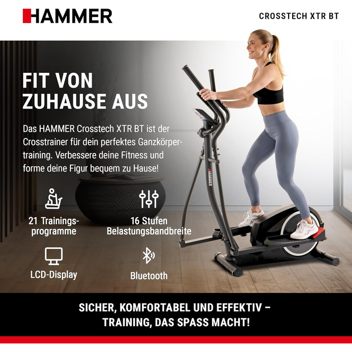 Еліптичний тренажер HAMMER Crosstech XTR BT з Glute Shaper та світлоіндикатором навантаження, 21 програма