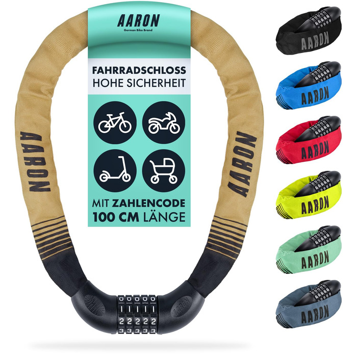Замок для велосипеда AARON Lock One: стале ланцюговий замок з 5-значним кодом, висока безпека, для E-bike, MTB, Trekking, Tour, Road bike