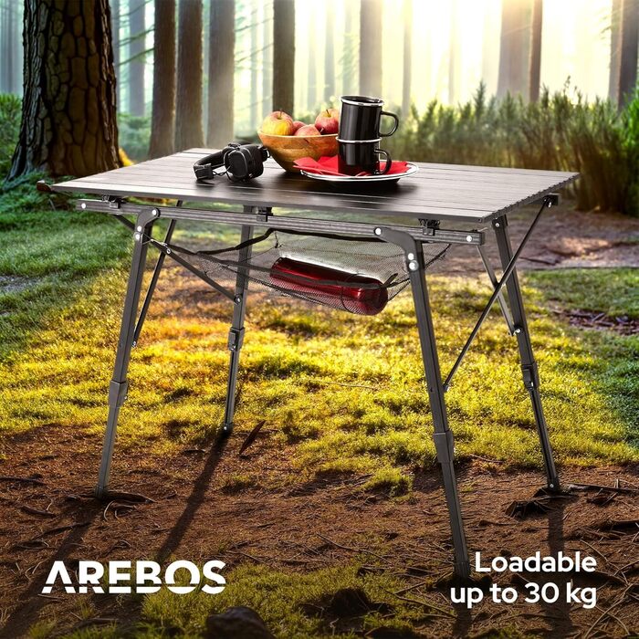 Столик туристичний складний Arebos 90x51,5 см, регулювання висоти 47-69 см, чорний | Для кемпінгу, саду, грилю, пікніка