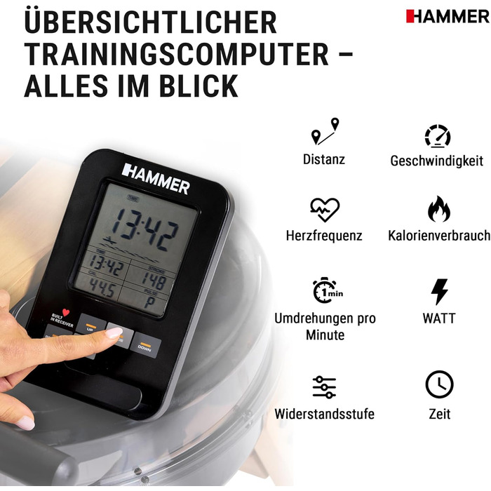 Гребний тренажер HAMMER AquaFold: складаний, з натурального дерева, з Bluetooth та комп'ютером для домашніх тренувань