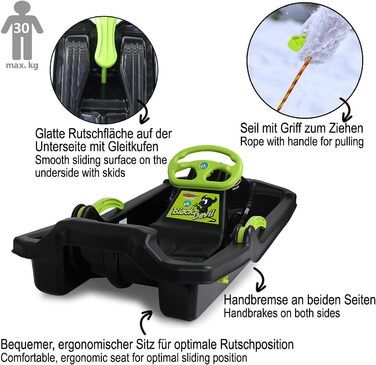 Сніговий санки Bob Black Devil з кермом, гальмом та ручним гальмом, від 3 років, чорний