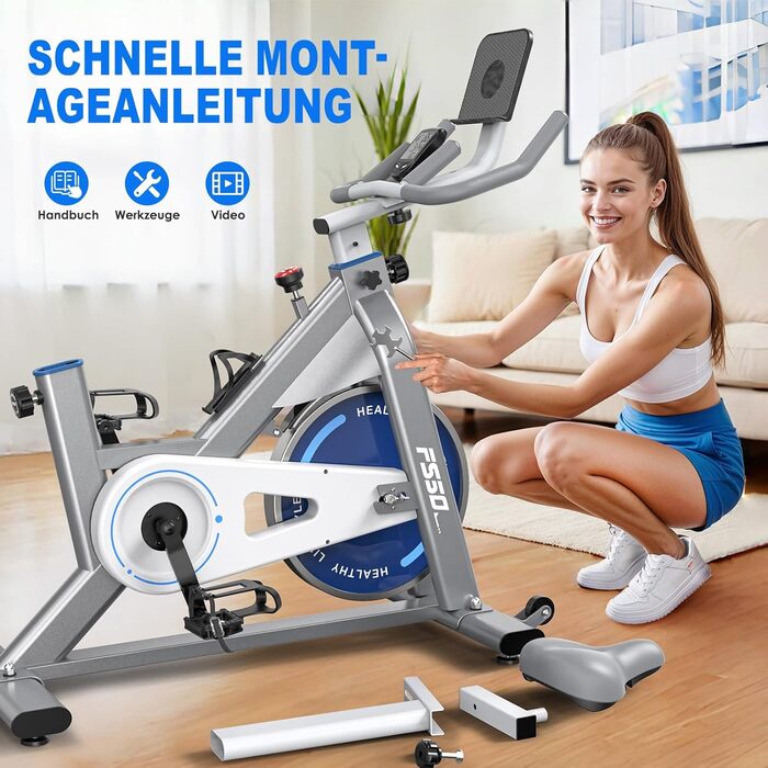 Велотренажер FYSIQ Heimtrainer, 300 Вт, 150 кг, дисплей RPM, тримач для планшета, білий