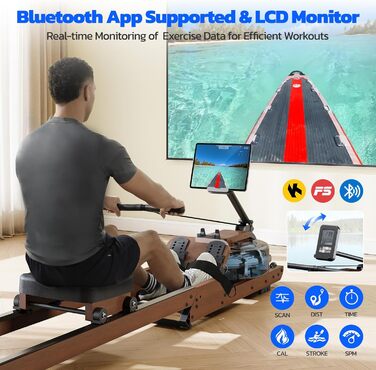 Гребний тренажер Dripex для дому з масиву дерева | LCD-дисплей, Bluetooth, ергономічне сидіння | до 180 кг | складаний для компактного зберігання