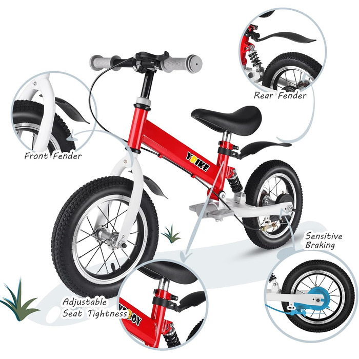 YBIKE дитячий велосипед 2-в-1 з педалями, амортизаторами та крилами, 12/14 дюймів, для дітей 2-7 років, навчальний, 4 кольори