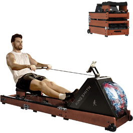 Складний тренажер для веслування, веслувальний тренажер, водонепроникний з 6 рівнями навантаження, для дому, складаний у 3 рази, вантажопідйомність 150 кг, сумісний з додатком, дуб червоний